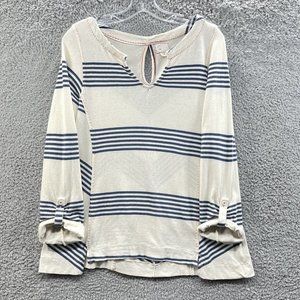 Postage Stamp Top Women's X Small Cream Striped Notch Collar Keyhole Back Top